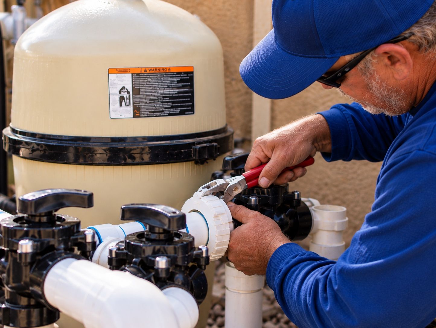 A technician repairing a valve on a pool filter system