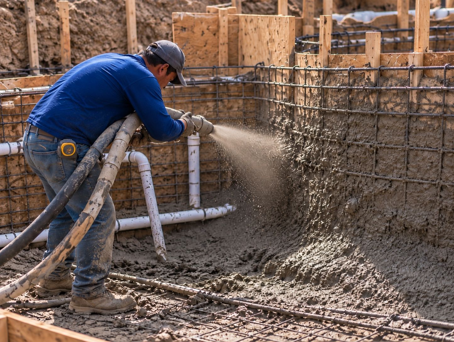 A crew member spraying the shell of a new pool during construction
